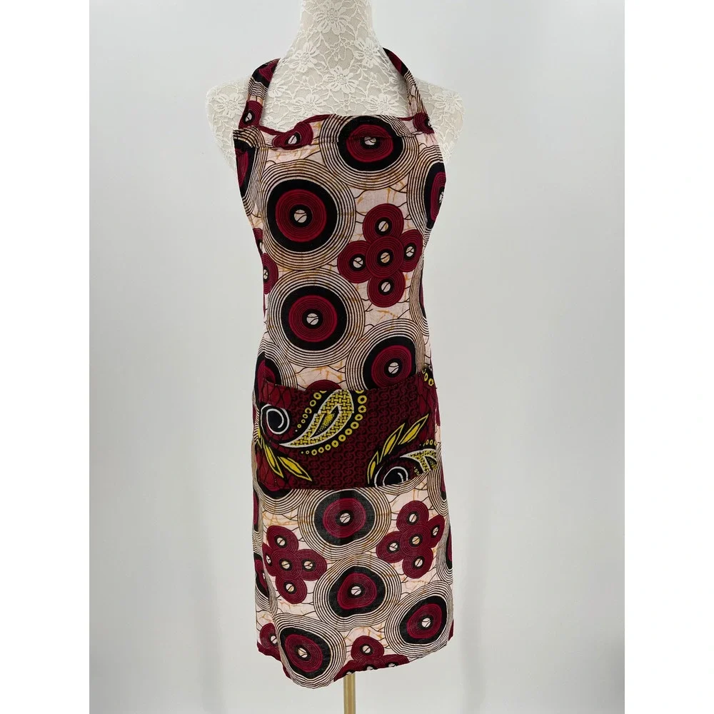 Dsenyo African Wax Print Apron Handmade in Malawi Red Black Geometric Paisley